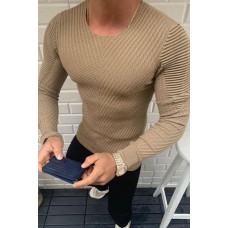 Mens Solid Color Rounded Long-Sleeved Sweater